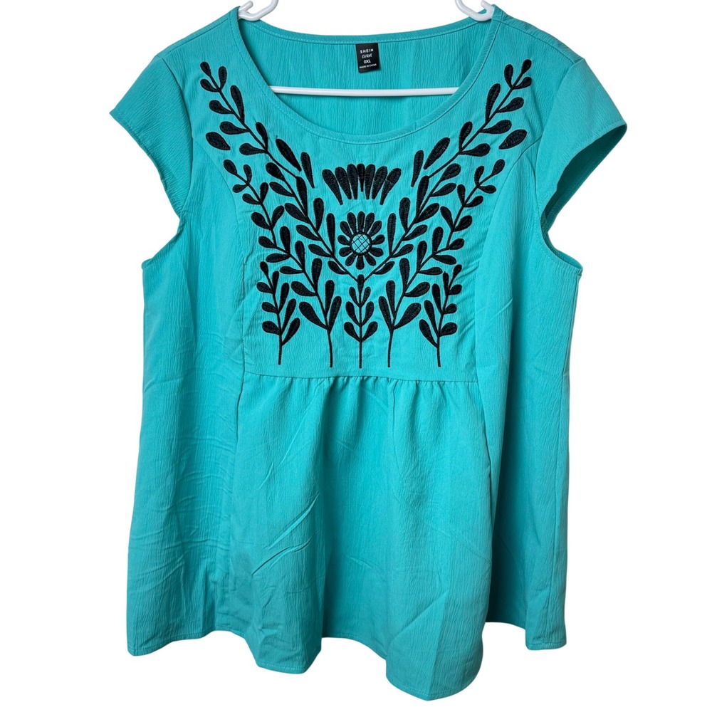 SHEIN Curve Embroidered Blouse Womens 0XL Teal Blue Boho Floral Cap Sleeve Top